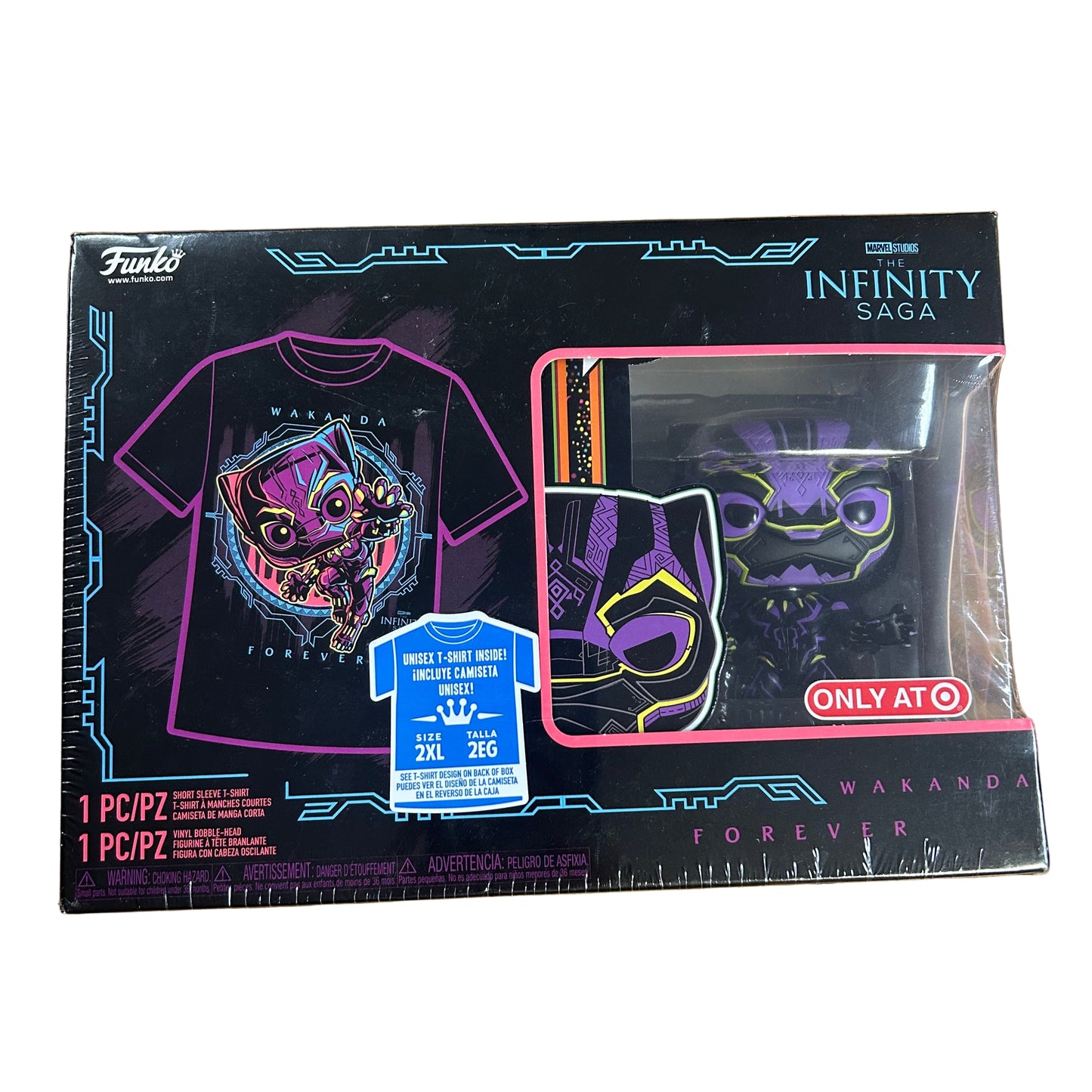Packaged t-shirt and mug set with Wakanda Forever design on a wooden surface