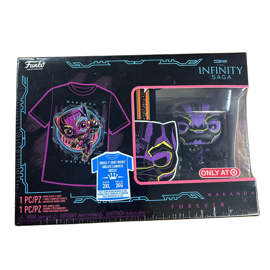 Packaged t-shirt and mug set with Wakanda Forever design on a wooden surface