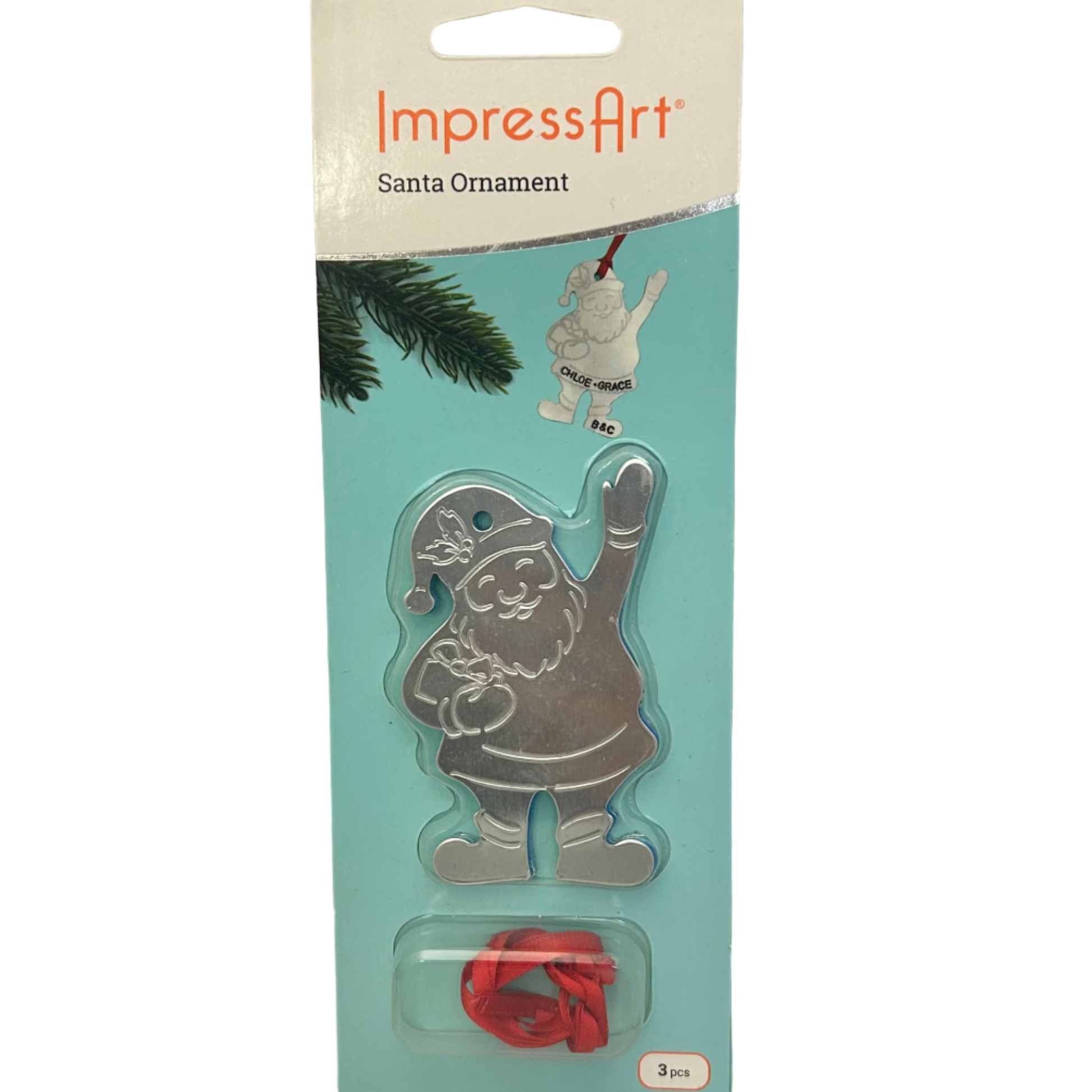 Packaged Santa Claus ornament with 'ImpressArt' branding on a light blue background.