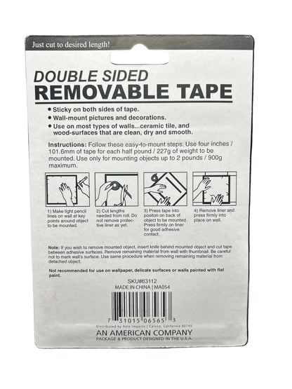 Double-sided removable tape packaging with instructions and branding on a black background
