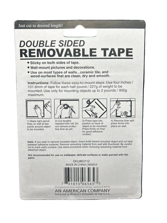 Double-sided removable tape packaging with instructions and branding on a black background