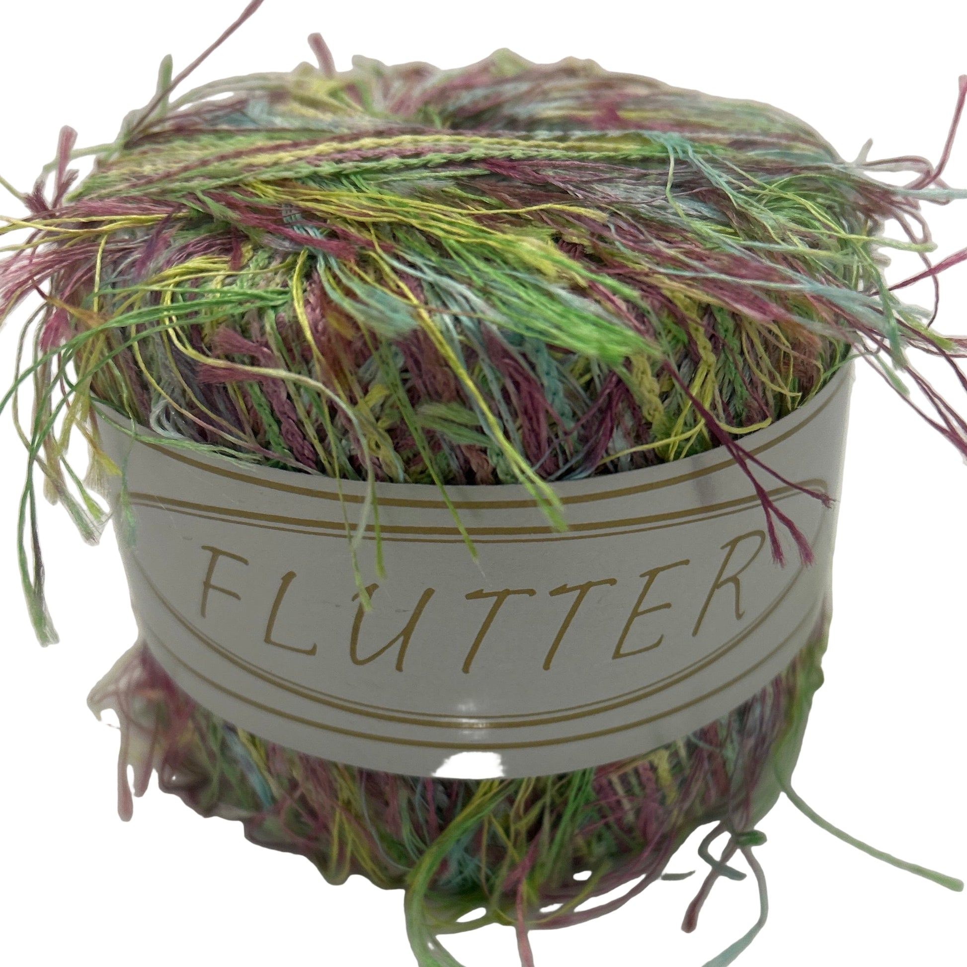 Multicolored yarn ball with 'Flutter' label on a white background