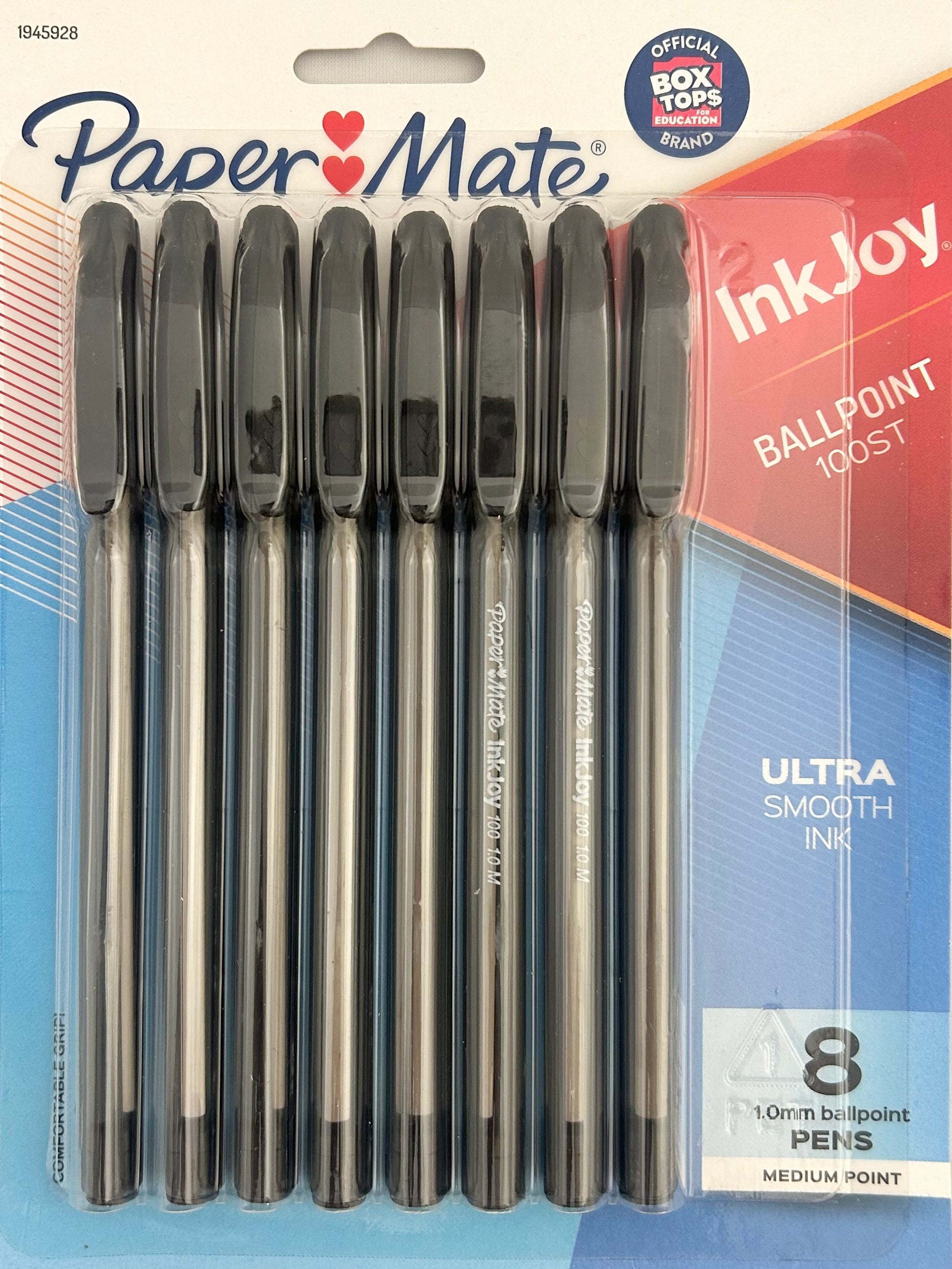 Pack of Paper Mate InkJoy ballpoint pens with packaging on a blue background