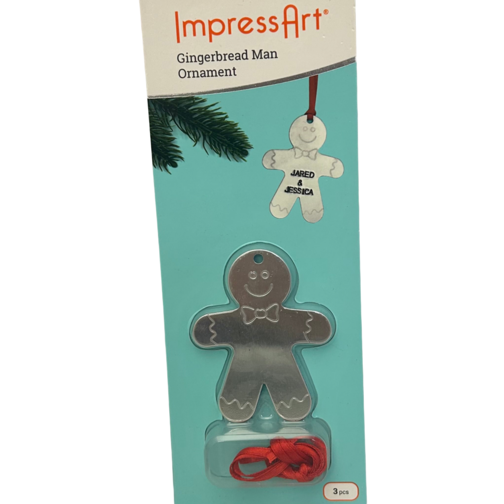Gingerbread man ornament packaging with 'ImpressArt' branding on a white background