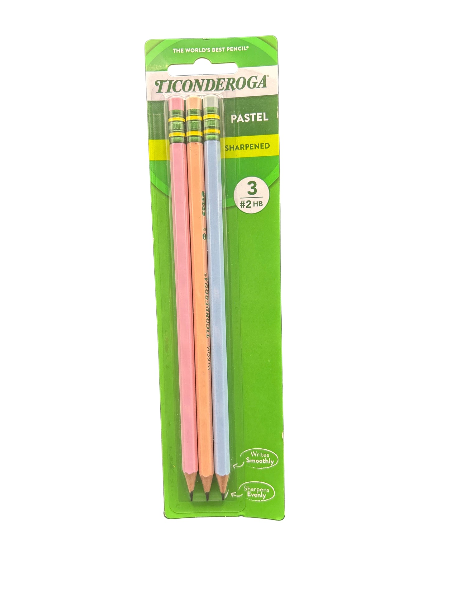 Three Ticonderoga pastel pencils in packaging on a black surface