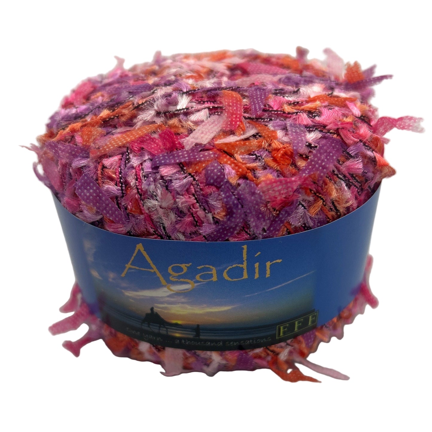 Colorful yarn ball with 'Agadir' label on a white background