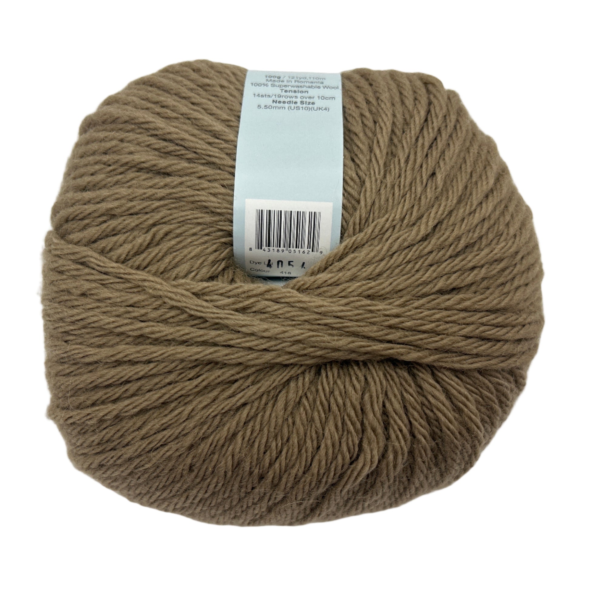 Ball of brown yarn with a label on a white background