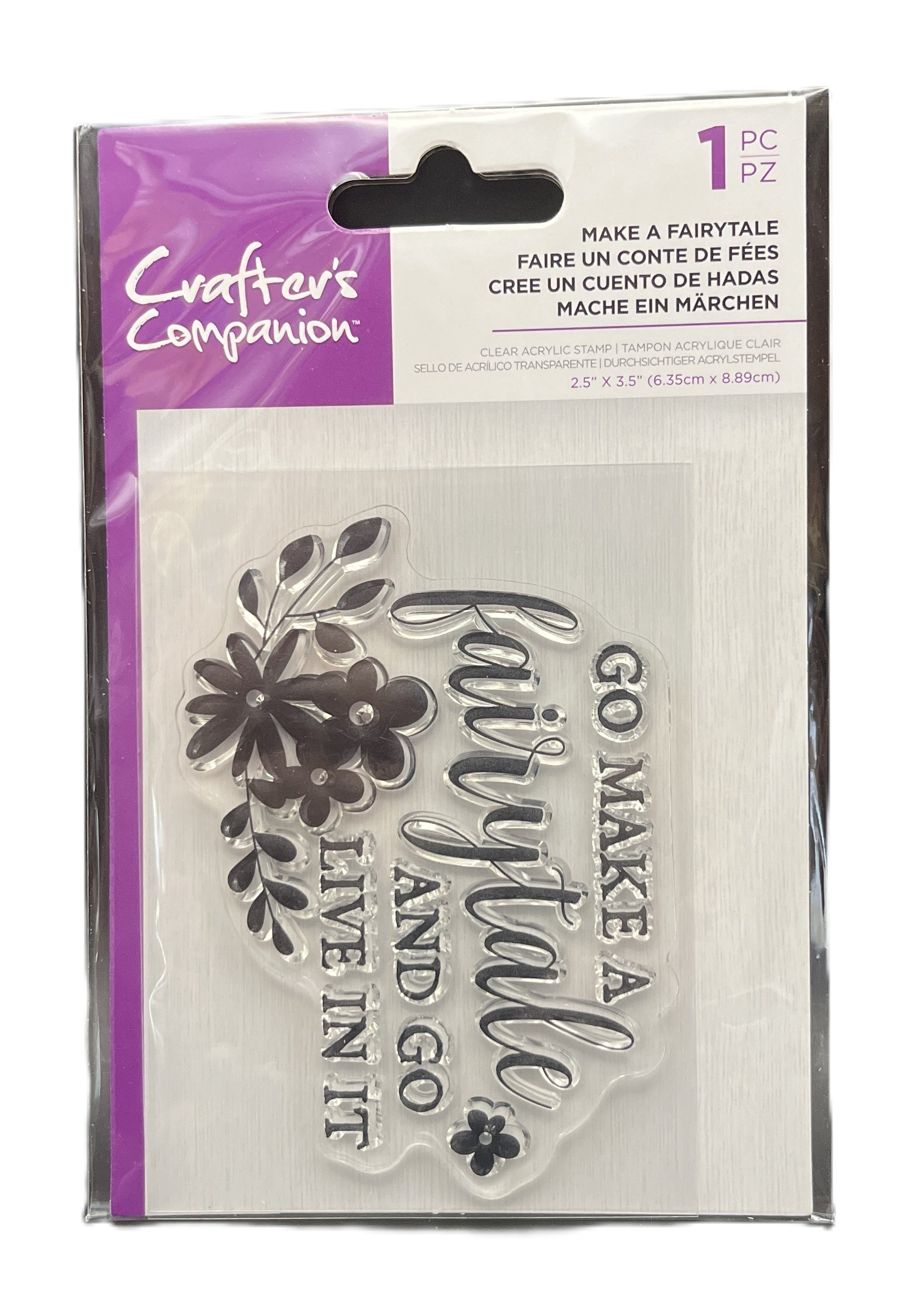 Clear stamp set with floral and text design in packaging, brand 'Crafters Companion' visible