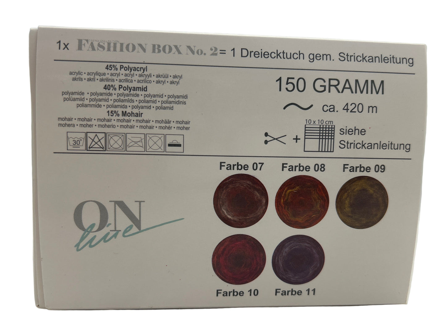 Box of yarn with color swatches and text on a white background