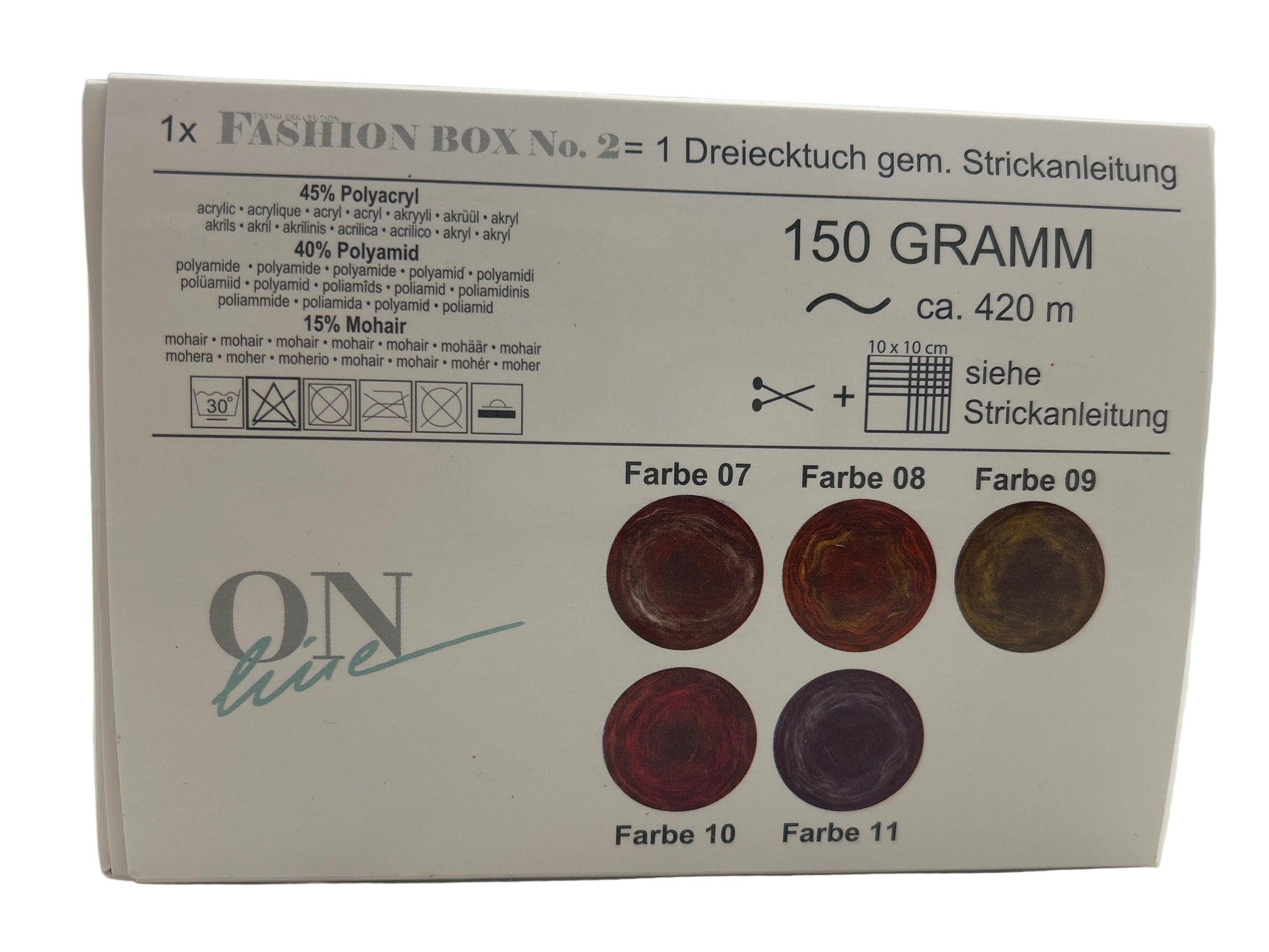 Box of yarn with color swatches and text on a white background