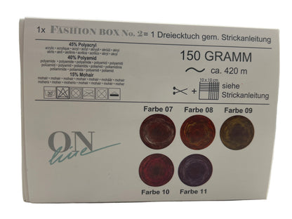 Box of yarn with color swatches and text on a white background