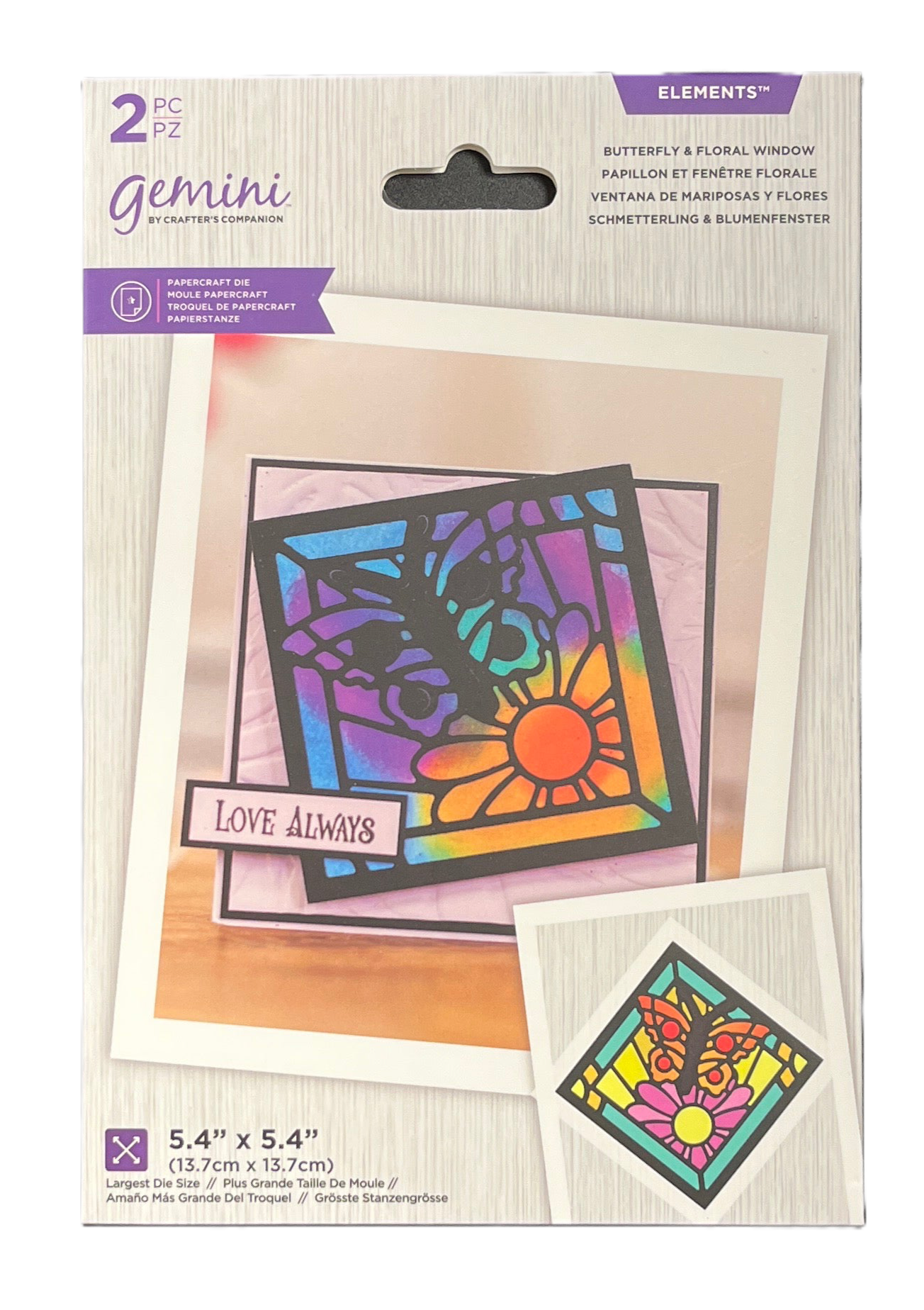Packaged Gemini stencils with colorful designs and 'Love Always' text on a white background