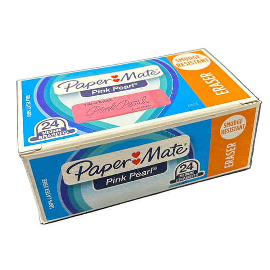 Box of Paper Mate pink pearl erasers on a white background