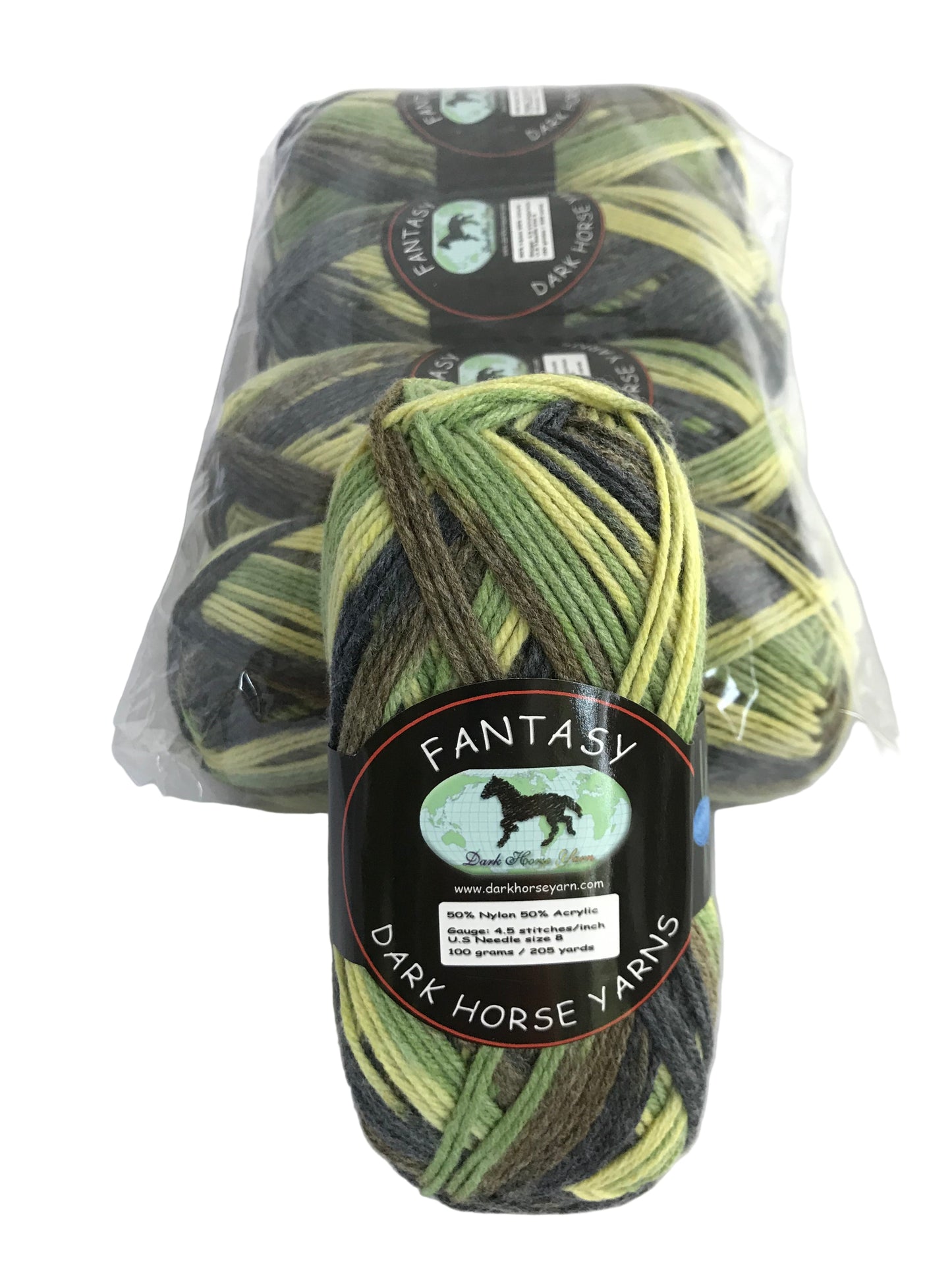 Two skeins of yarn with 'Fantasy' label on a white background