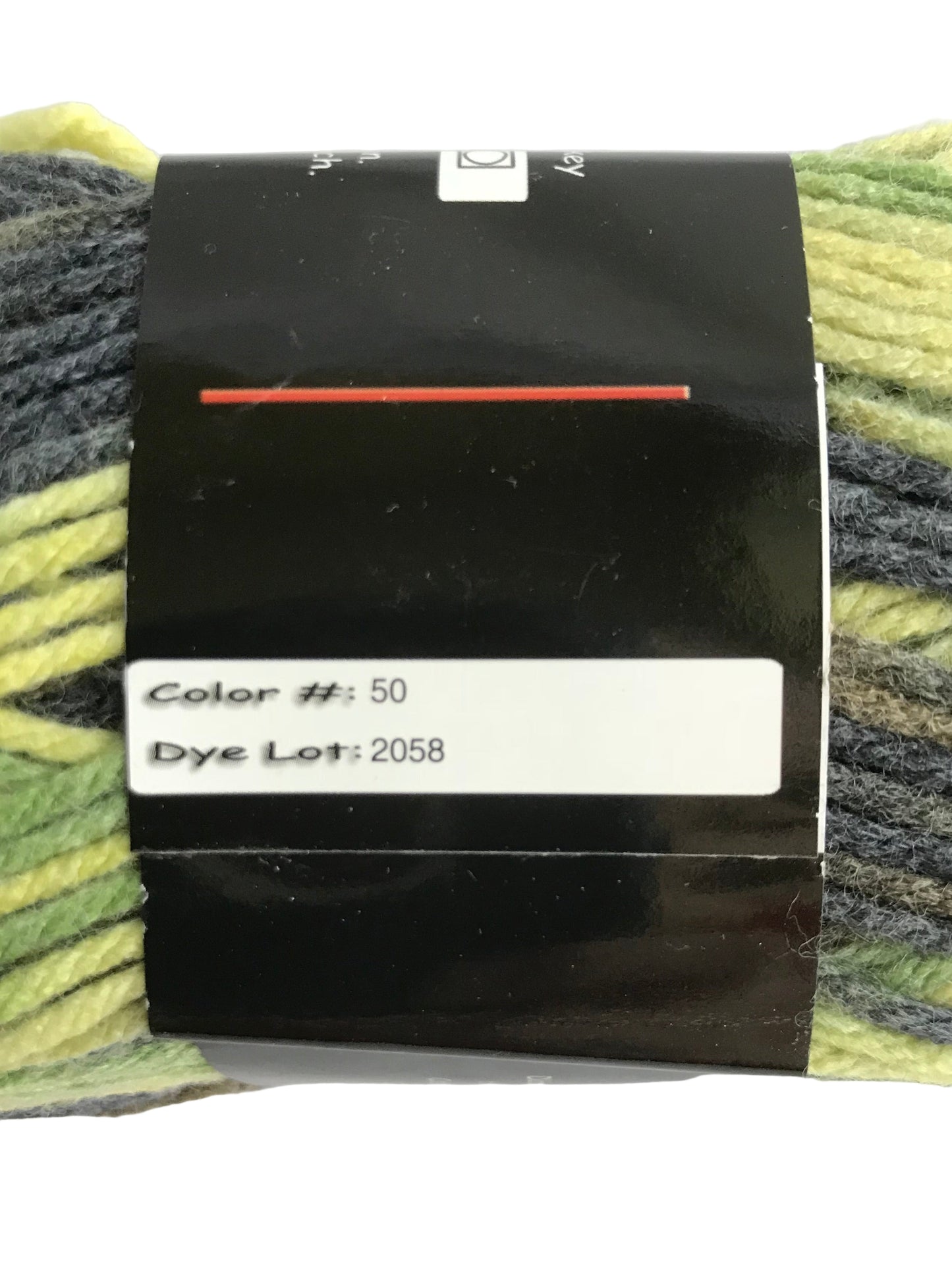 Yarn with a label showing color number 50 and dye lot 2058 on a white background