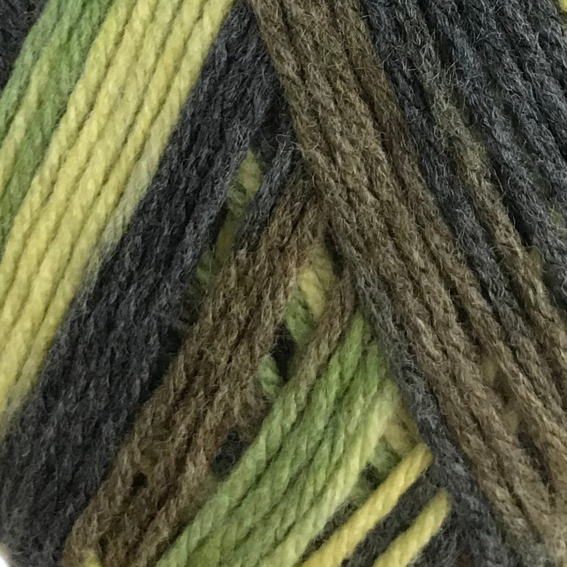 Close-up of yarn with green, brown, and gray colors.