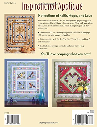 Book cover of 'Inspirational Applique' with quilt designs and text about faith, hope, and love.