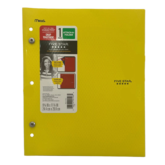 Yellow Five Star folder with Mead branding on a white background