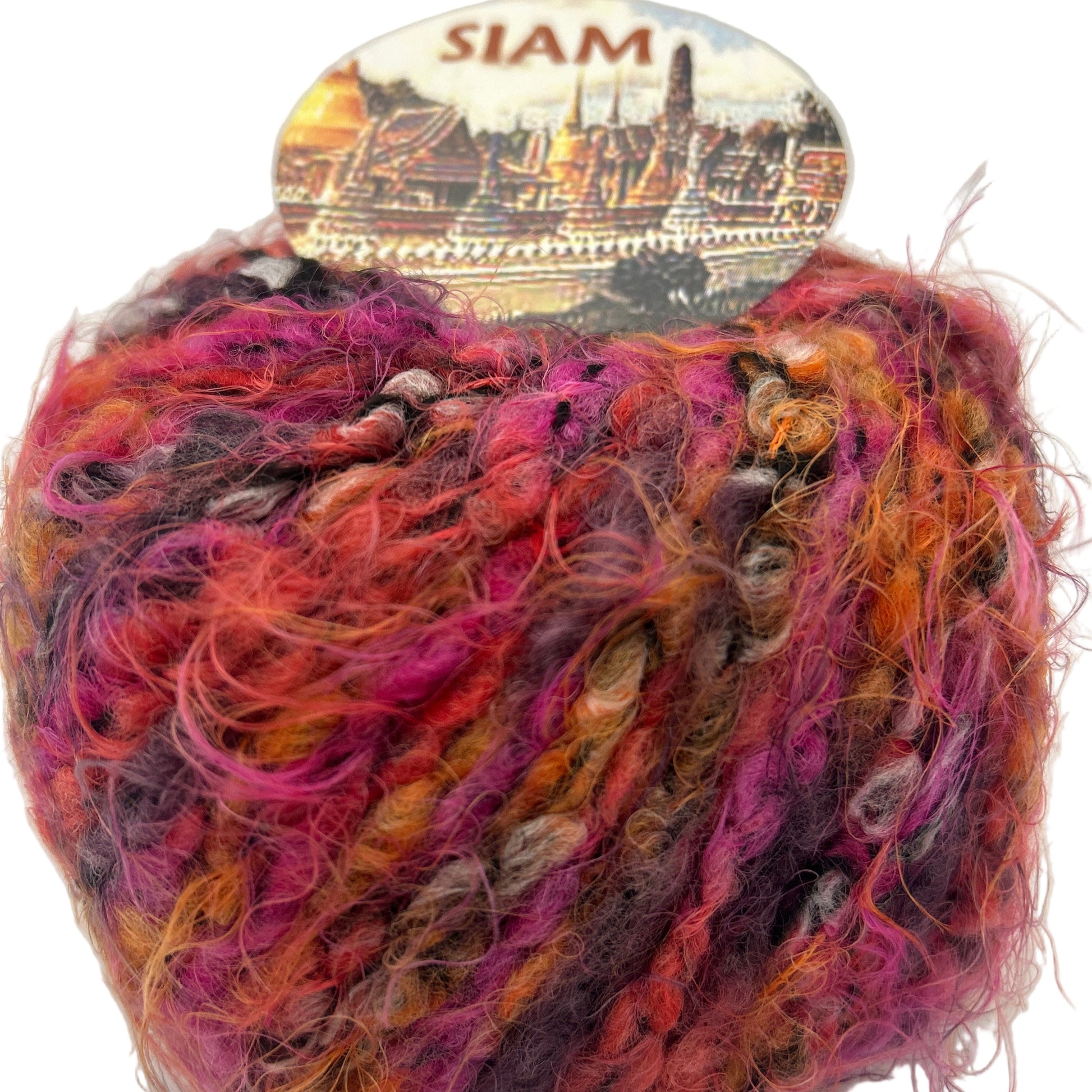 Multicolored skein of yarn with a brand label on a white background