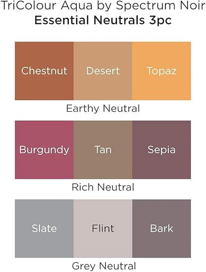 Color swatches labeled with names of neutral colors including Chestnut, Desert, Topaz, Burgundy, Tan, Sepia, Slate, Flint, and Bark.