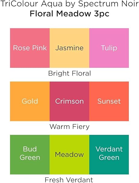 Color swatches labeled with names from TriColour Aqua by Spectrum Noir including Rose Pink, Jasmine, Tulip, Gold, Crimson, Sunset, Bud Green, Meadow, and Verdant Green.