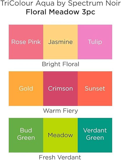 Color swatches labeled with names from TriColour Aqua by Spectrum Noir including Rose Pink, Jasmine, Tulip, Gold, Crimson, Sunset, Bud Green, Meadow, and Verdant Green.
