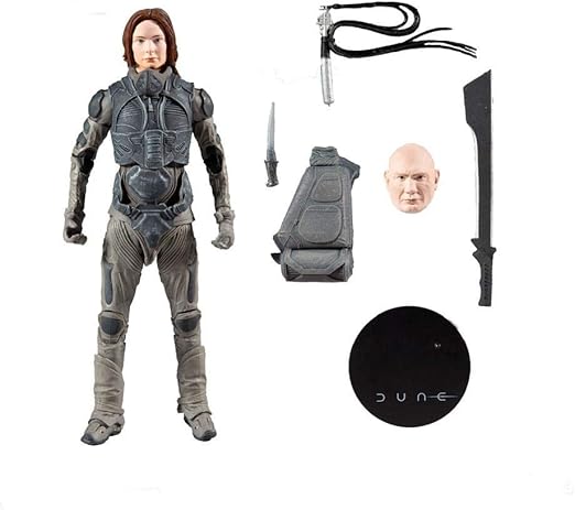 Action figure with accessories and 'Dune' branding on a white background