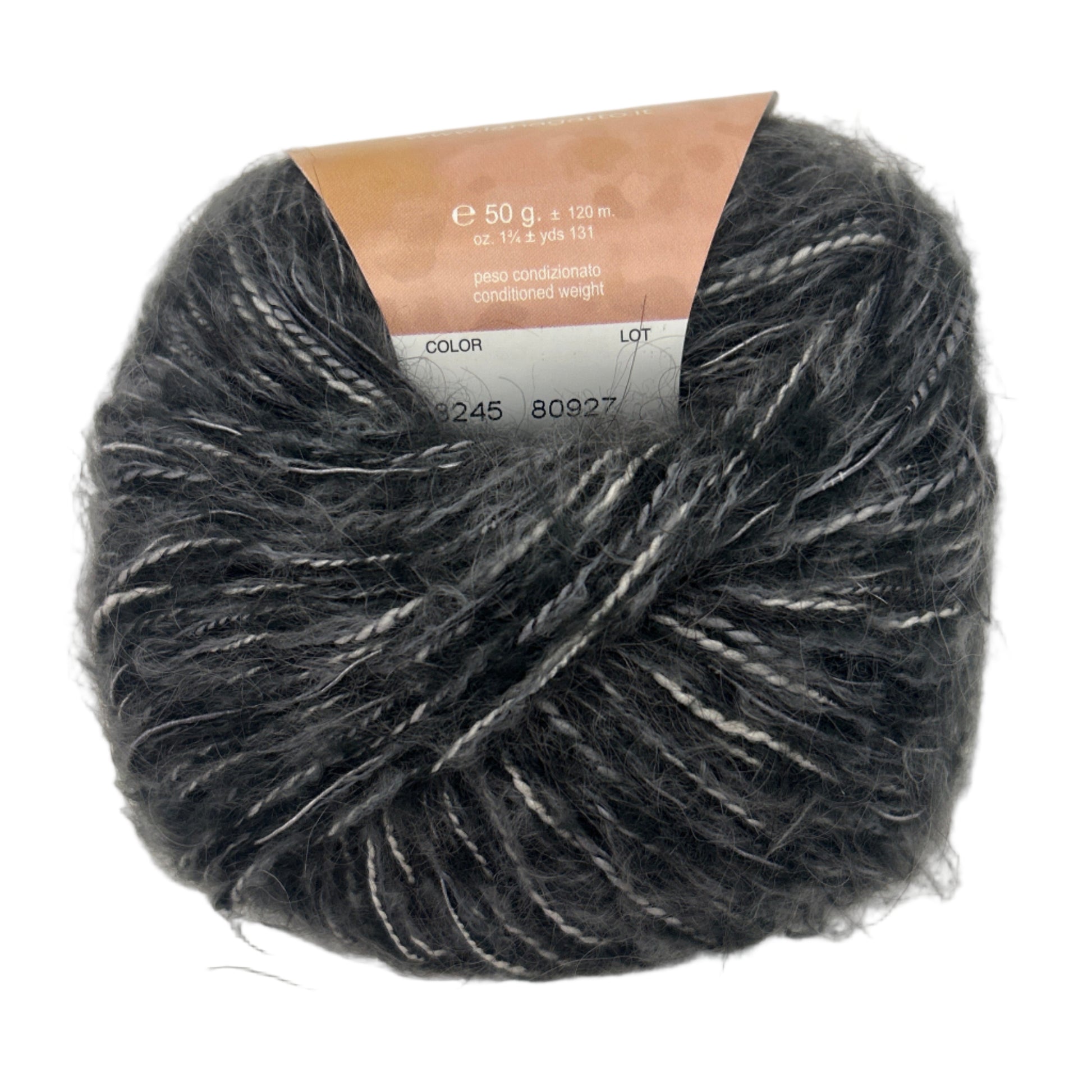 Ball of dark gray yarn with a label on a white background
