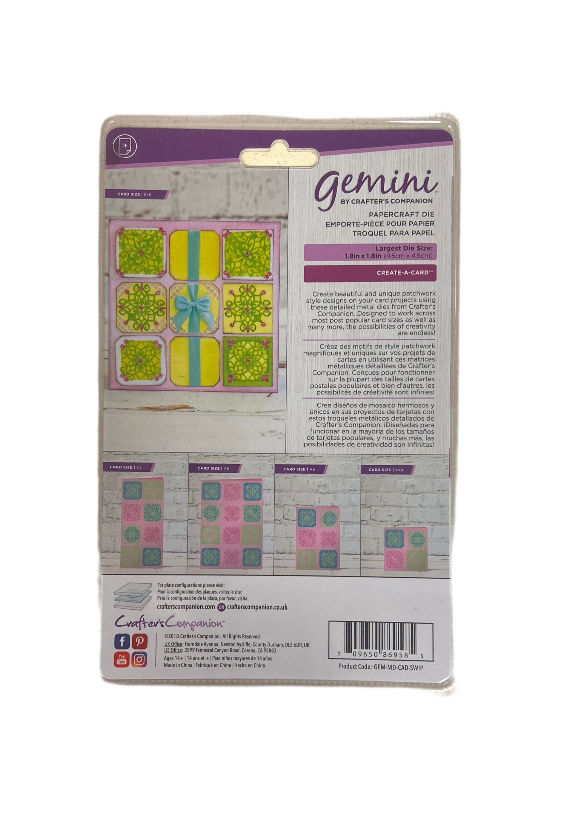Packaging of Gemini paper craft die set with colorful die-cut shapes on a white background