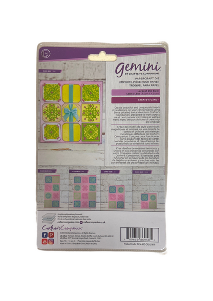 Packaging of Gemini paper craft die set with colorful die-cut shapes on a white background