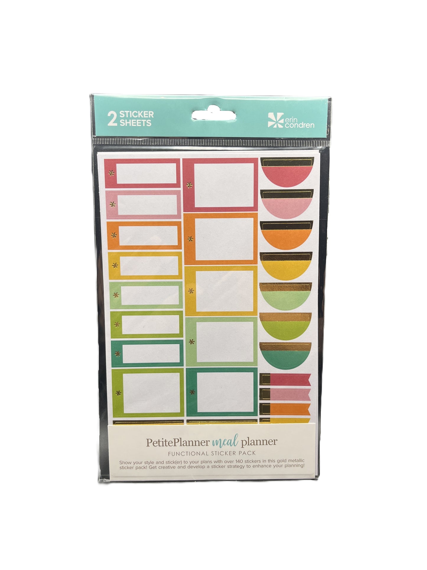 Pack of sticker sheets with colorful geometric designs on a white background