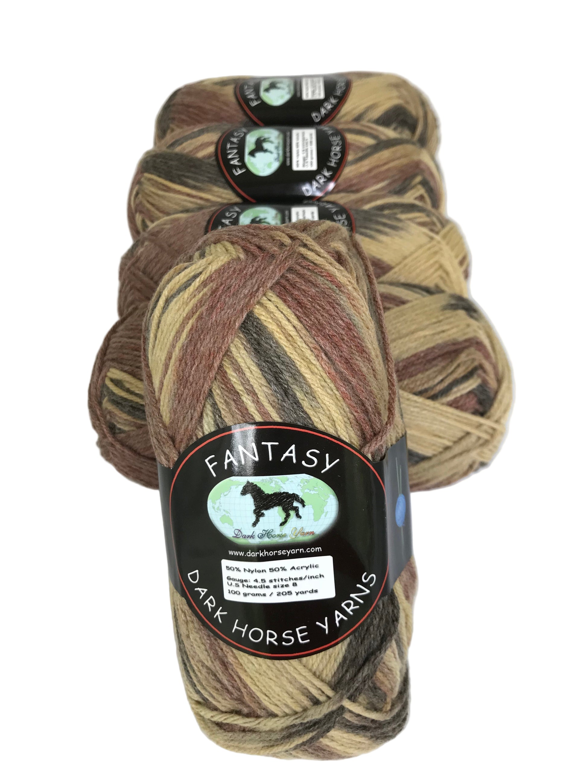 Three skeins of yarn with 'Fantasy Yarns' labels on a white background