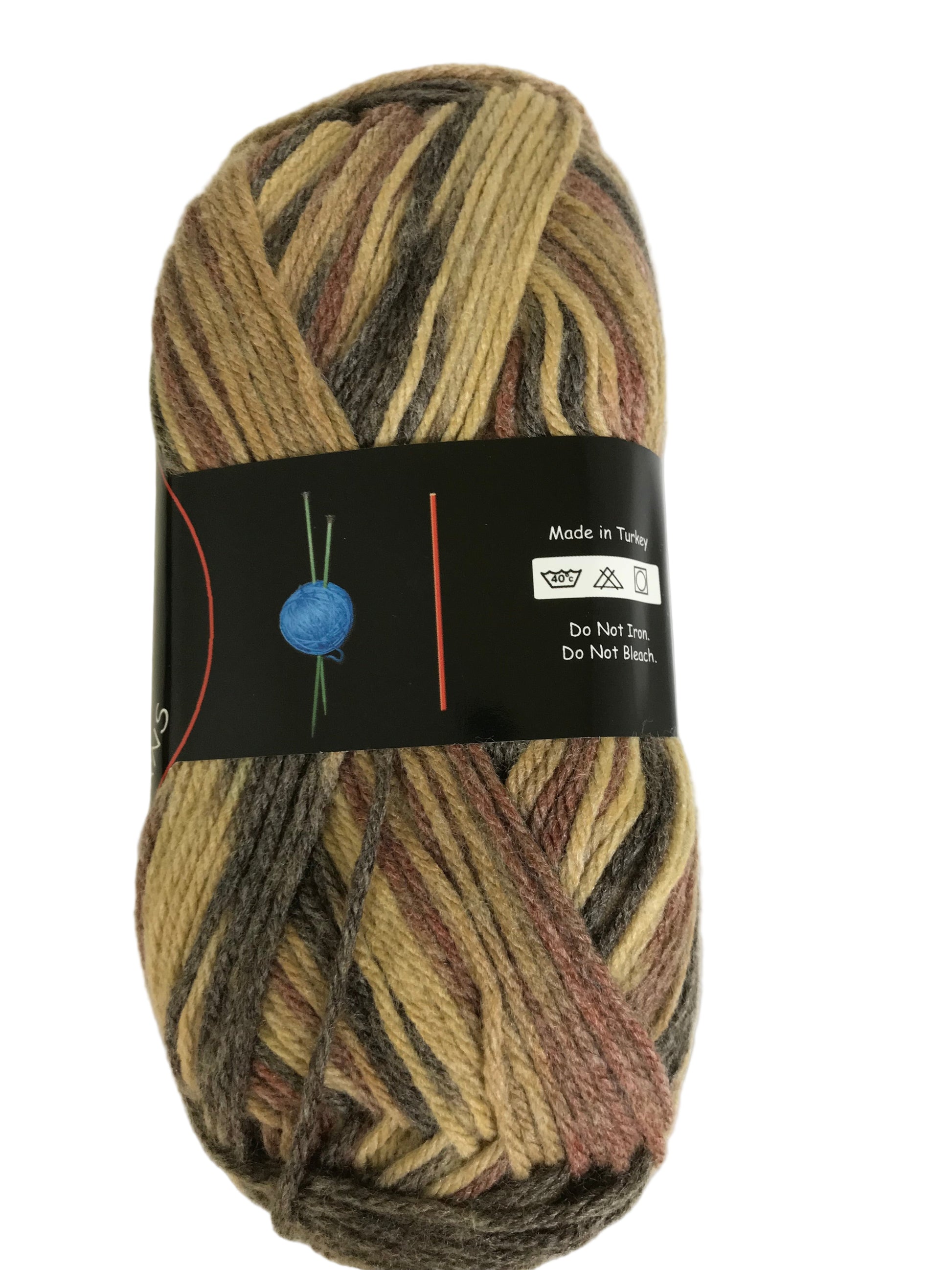 Multicolored skein of yarn with a label on a white background