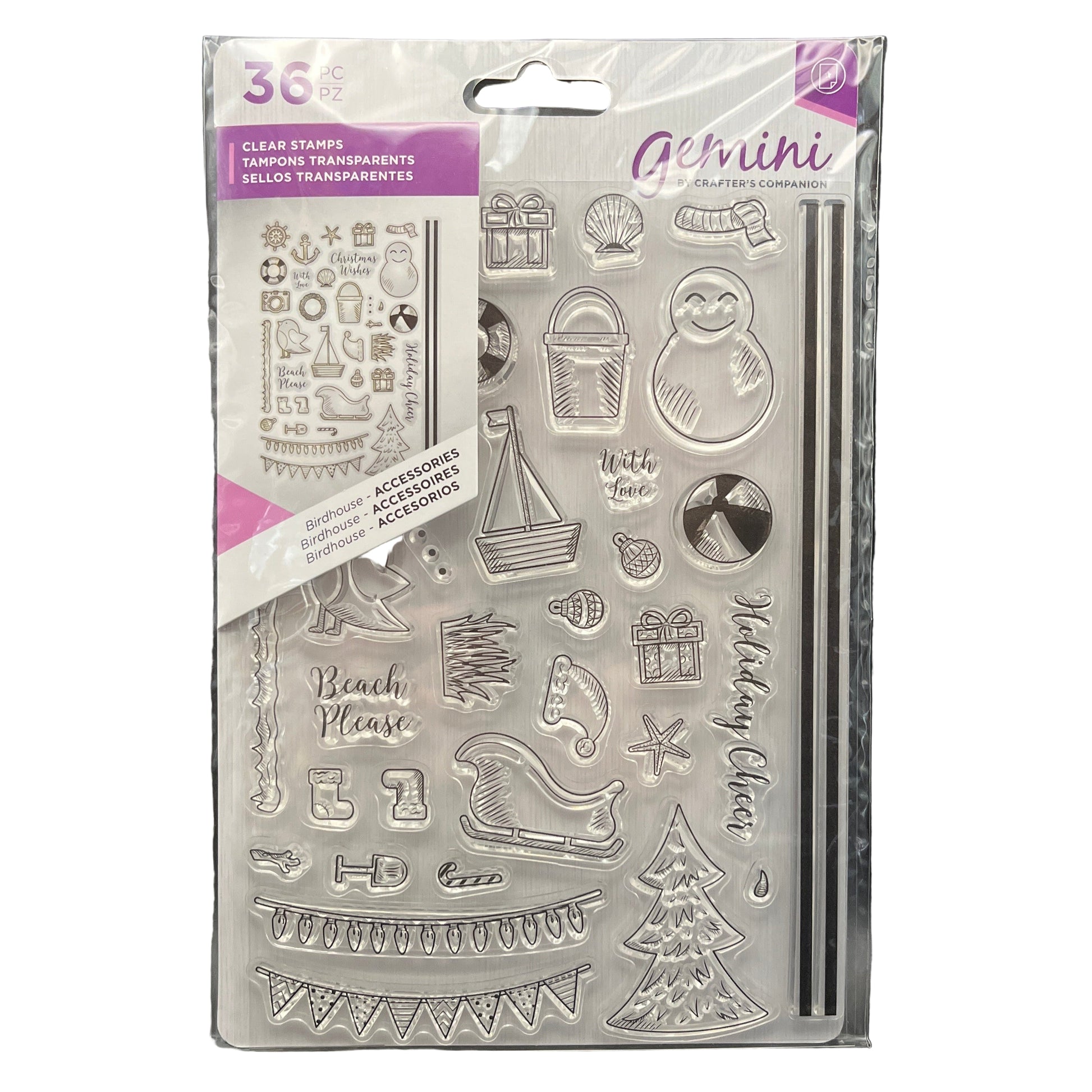 Packaged clear stamps with various designs on a dark background