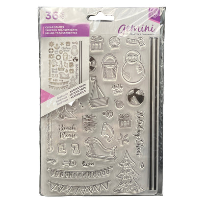 Packaged clear stamps with various designs on a dark background