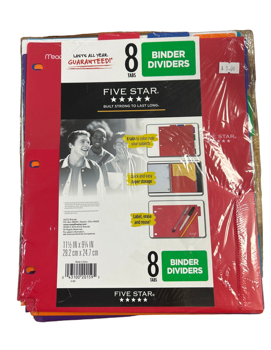 Pack of Five Star binder dividers with colorful tabs on a white background