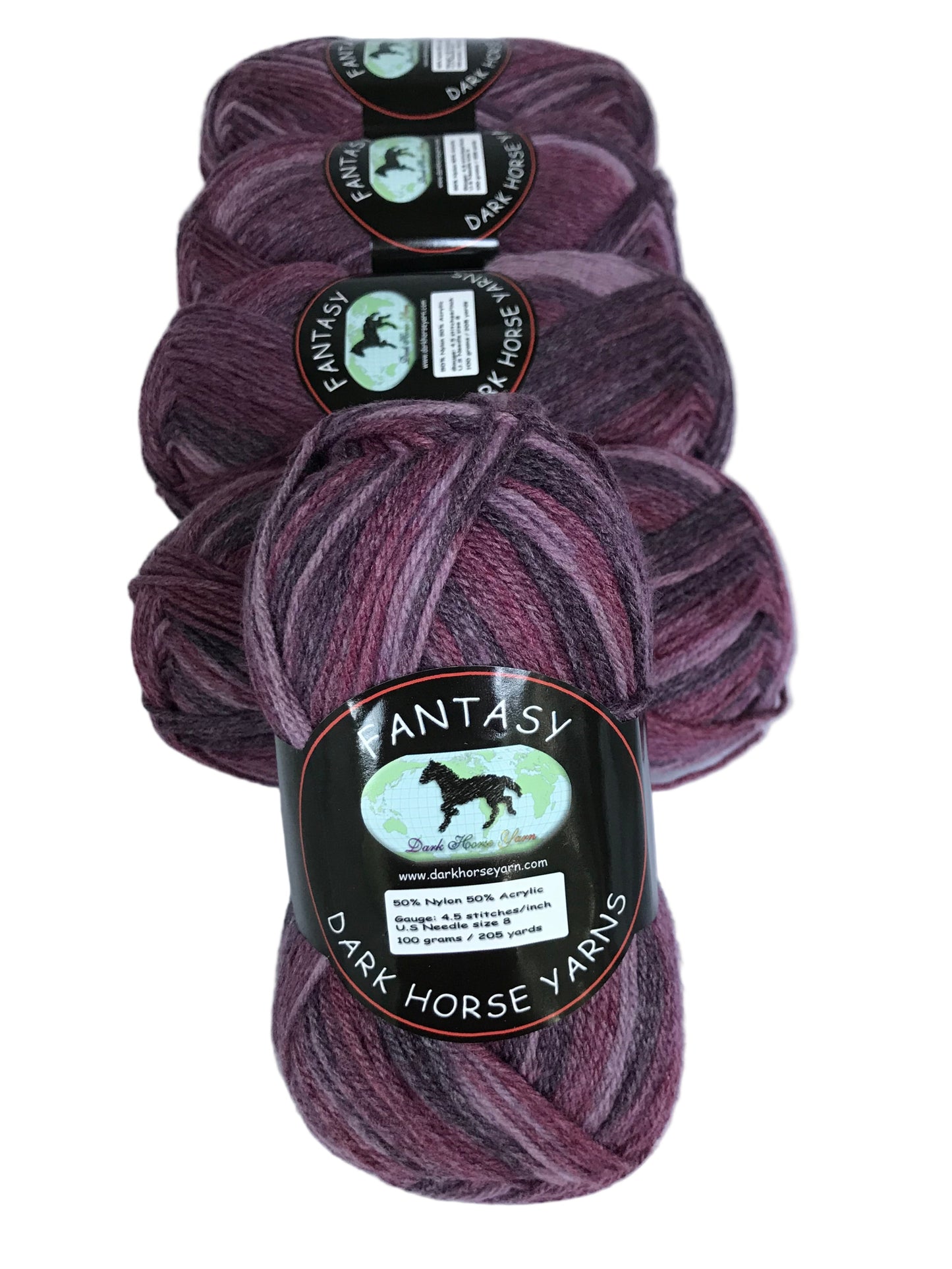 Purple yarn skeins with 'Dark Horse Yarns' labels on a white background