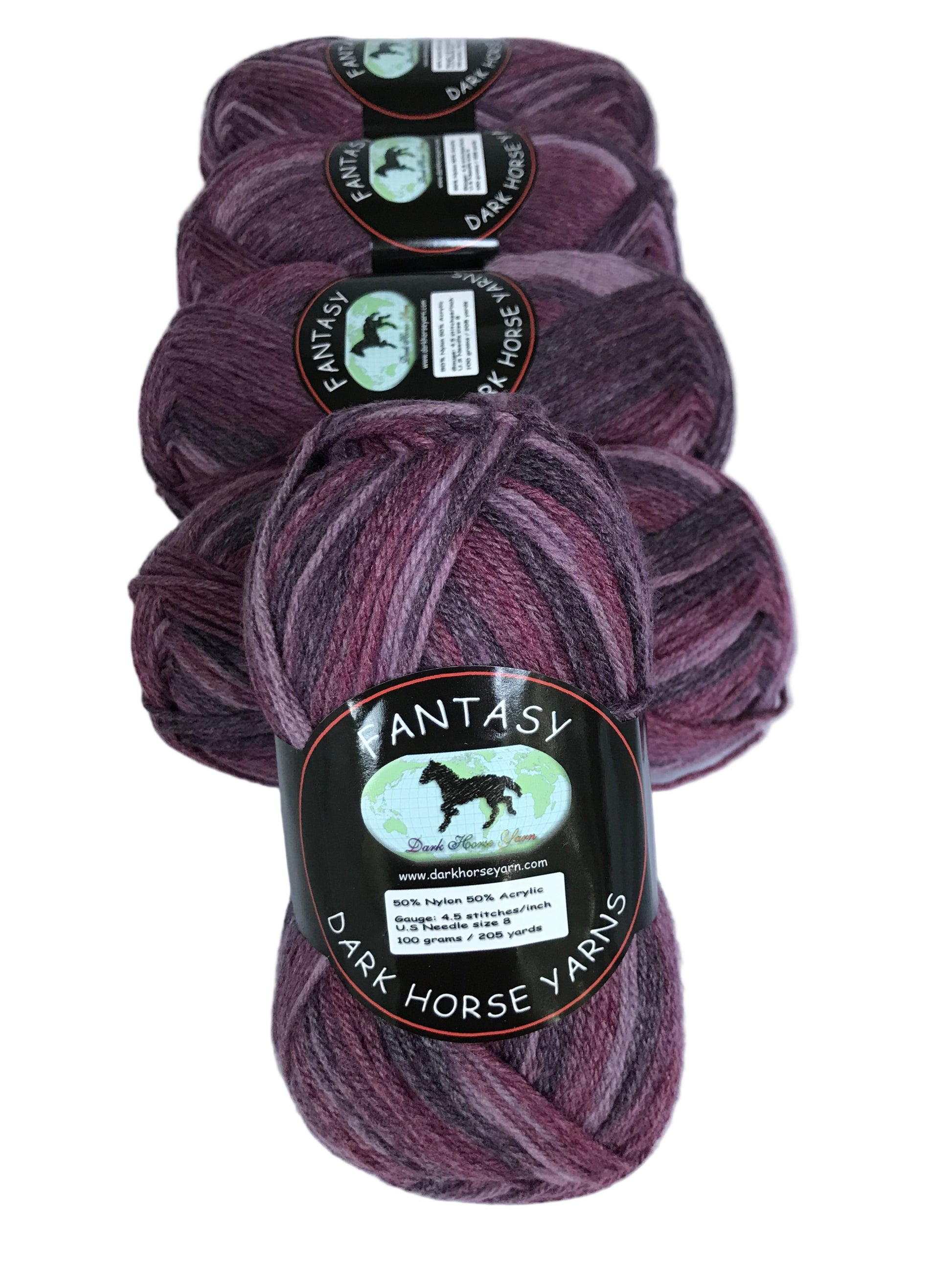 Purple yarn skeins with 'Dark Horse Yarns' labels on a white background