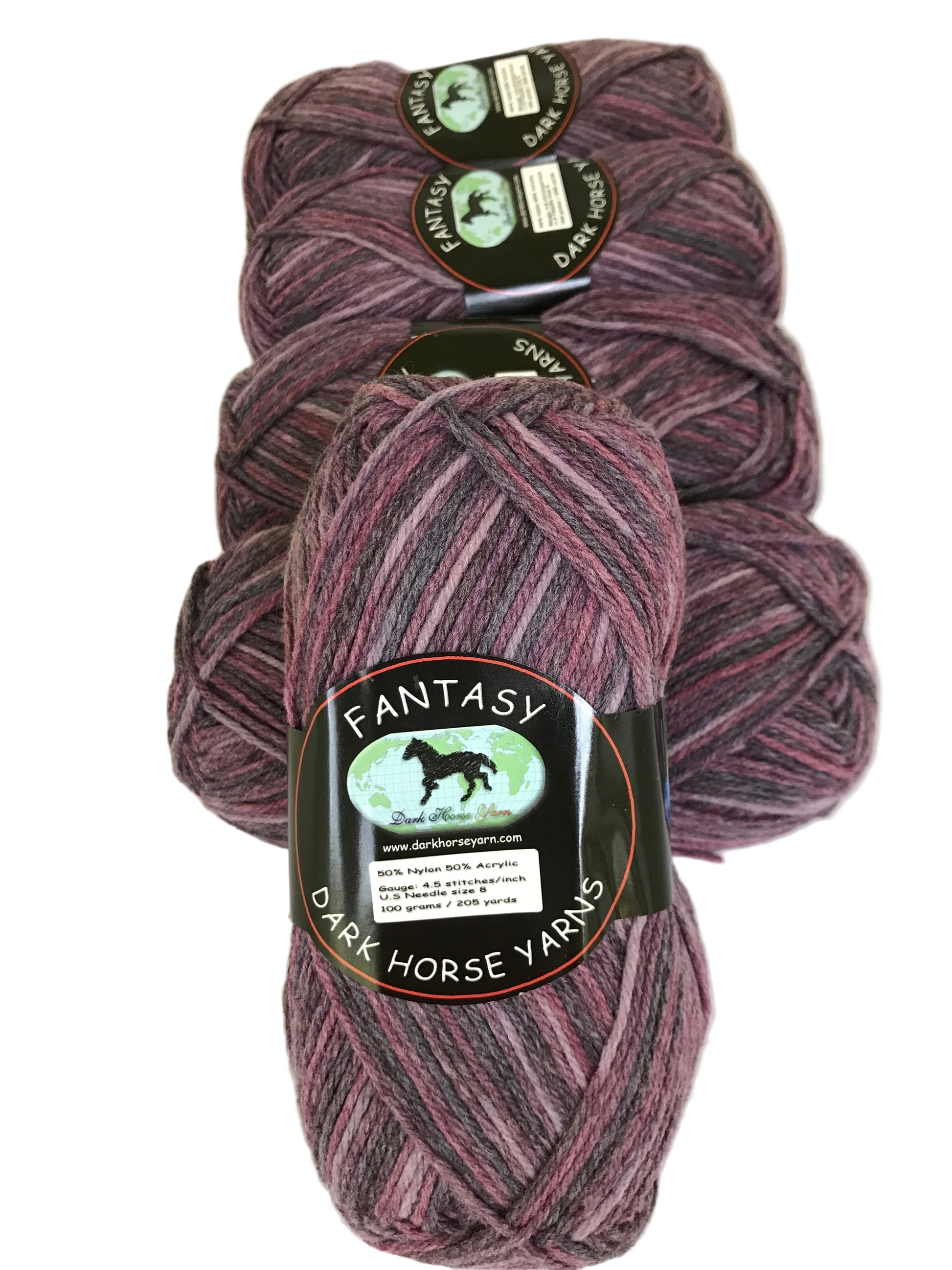 Three skeins of purple yarn with 'Dark Horse Yarns' labels on a light background