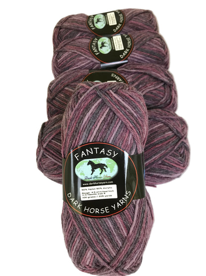 Three skeins of purple yarn with 'Dark Horse Yarns' labels on a light background