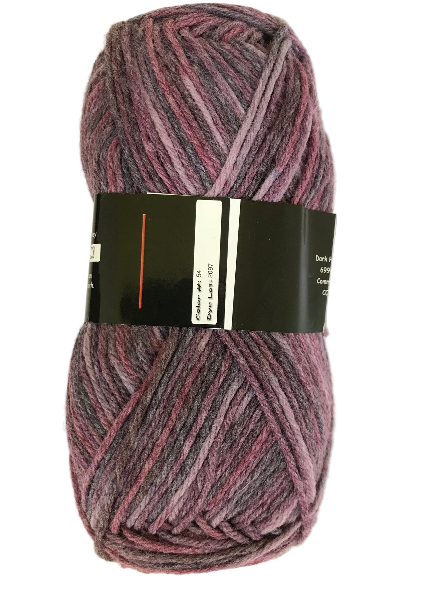 Ball of purple yarn with a label on a white background