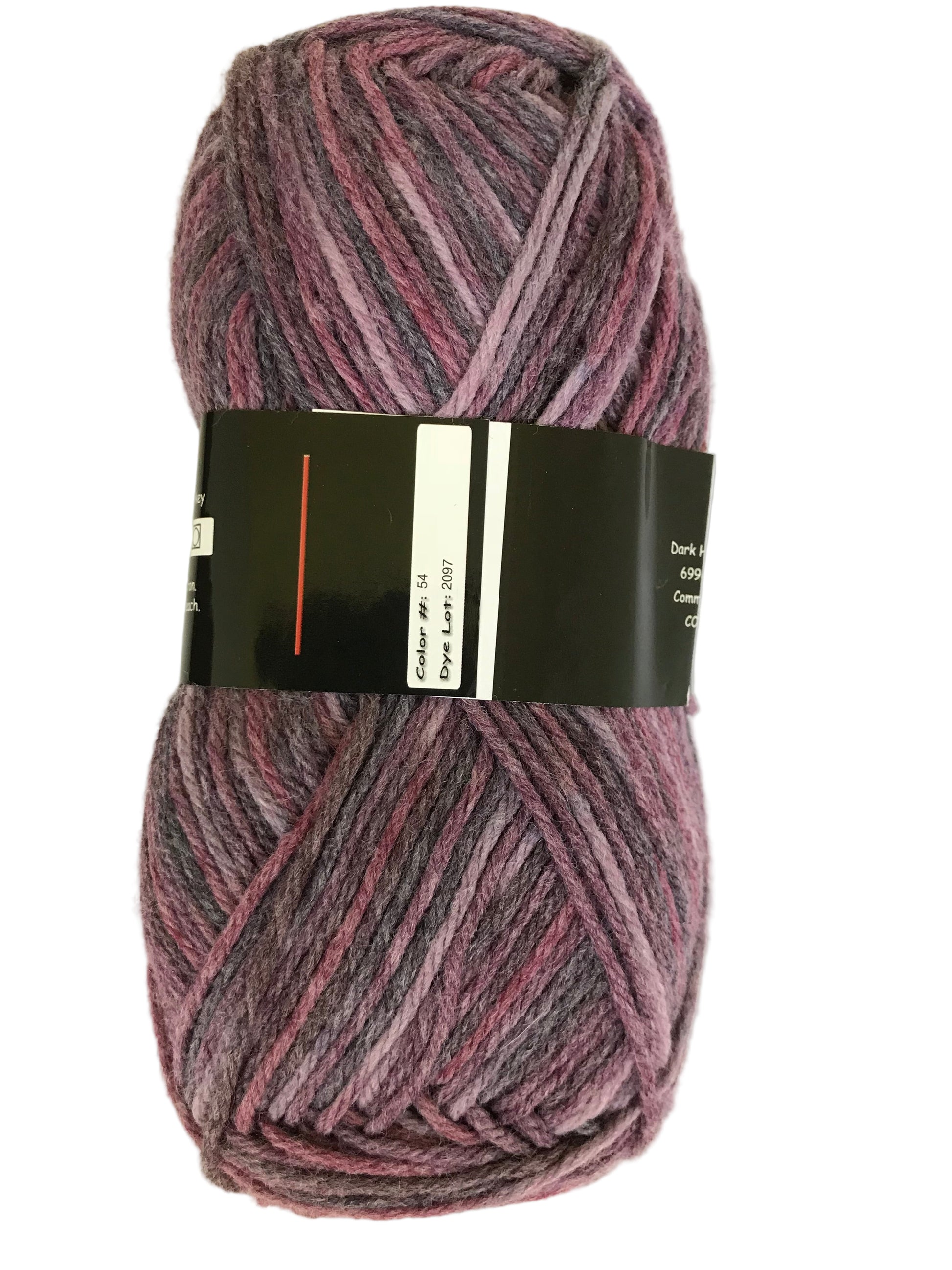 Ball of purple yarn with a label on a white background