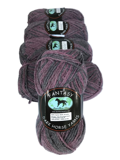 Three skeins of purple yarn with 'Dark Horse Yarns' labels on a white background