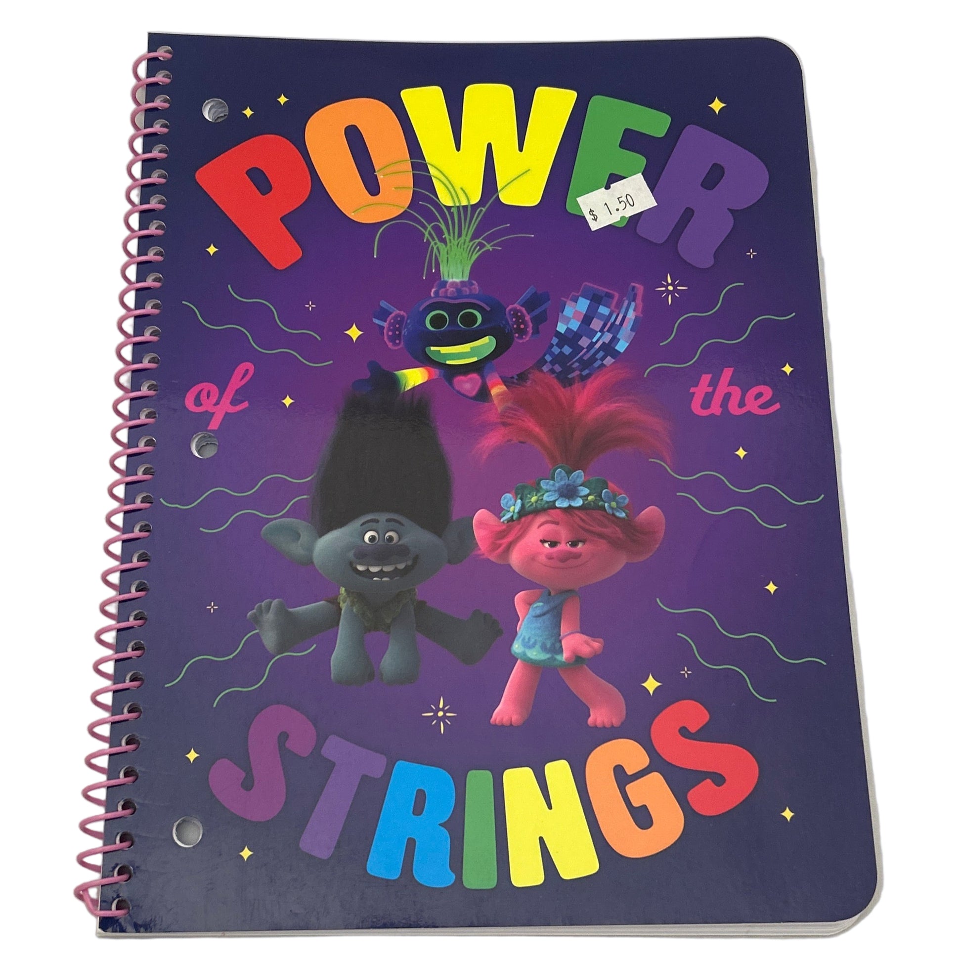 Notebook with colorful design and text on a white background