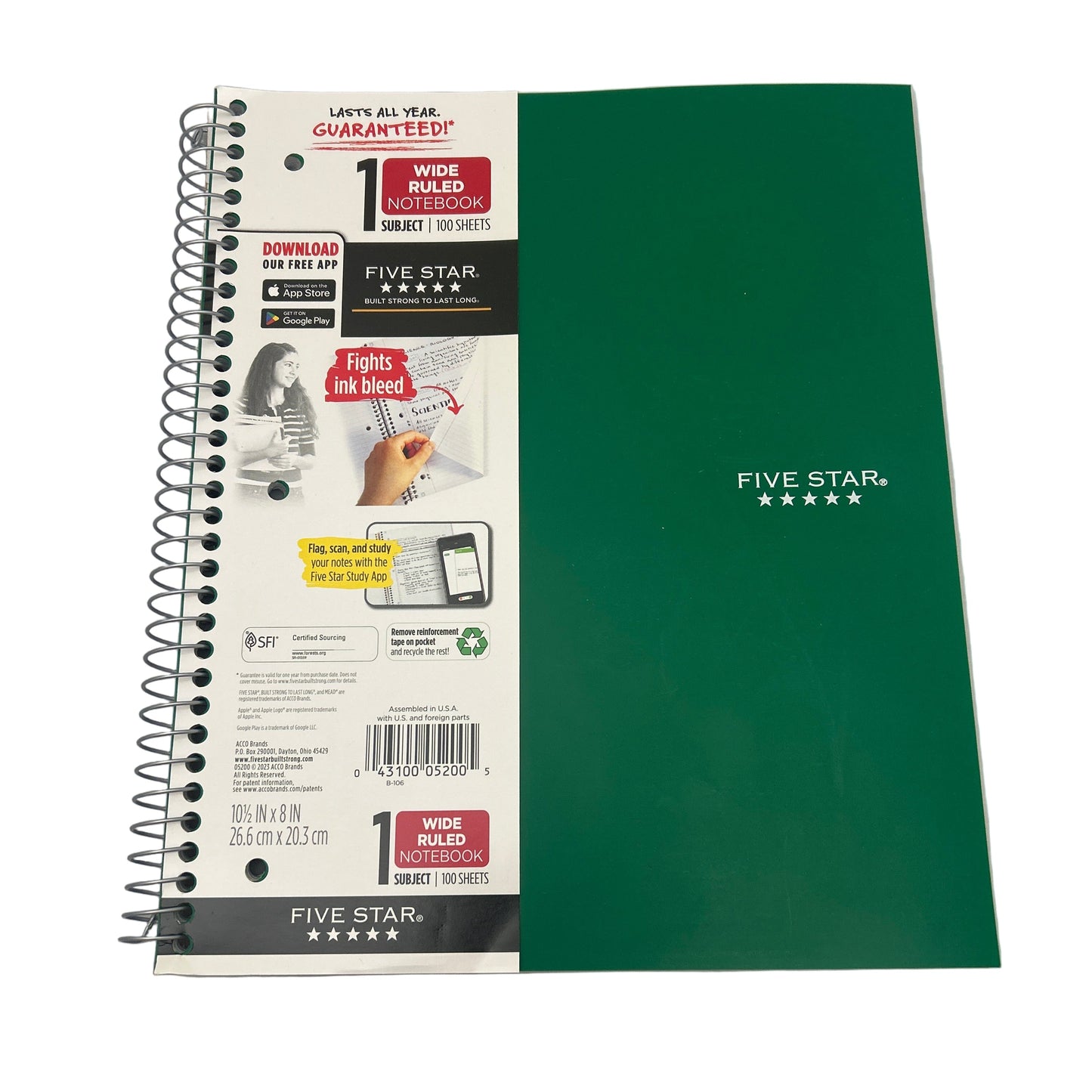 Green notebook with Five Star branding on a white background