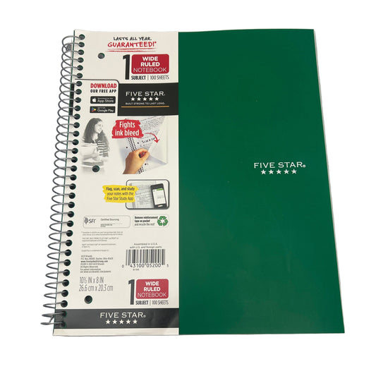 Green notebook with Five Star branding on a white background