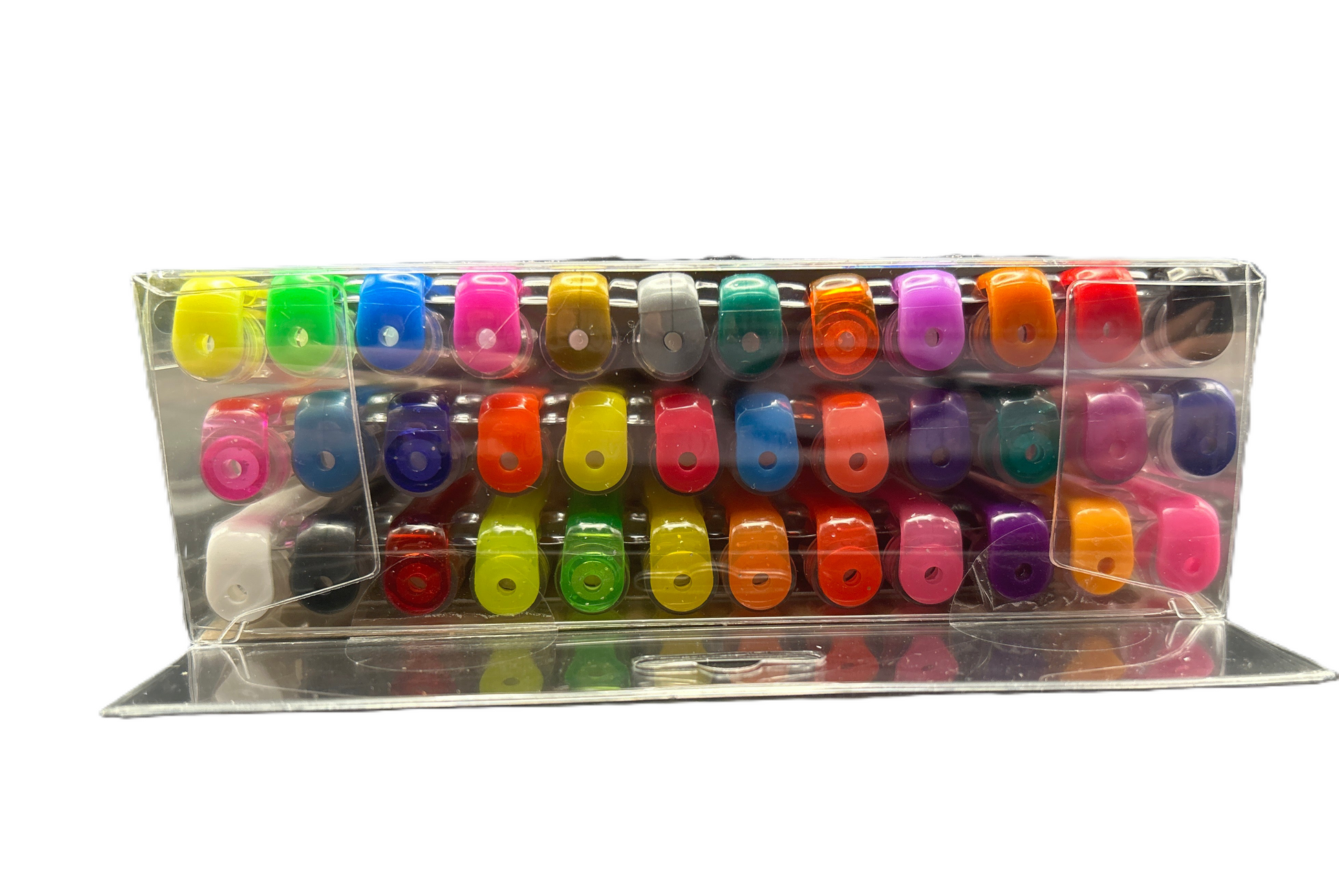 Assorted colorful markers in a clear plastic holder on a white background