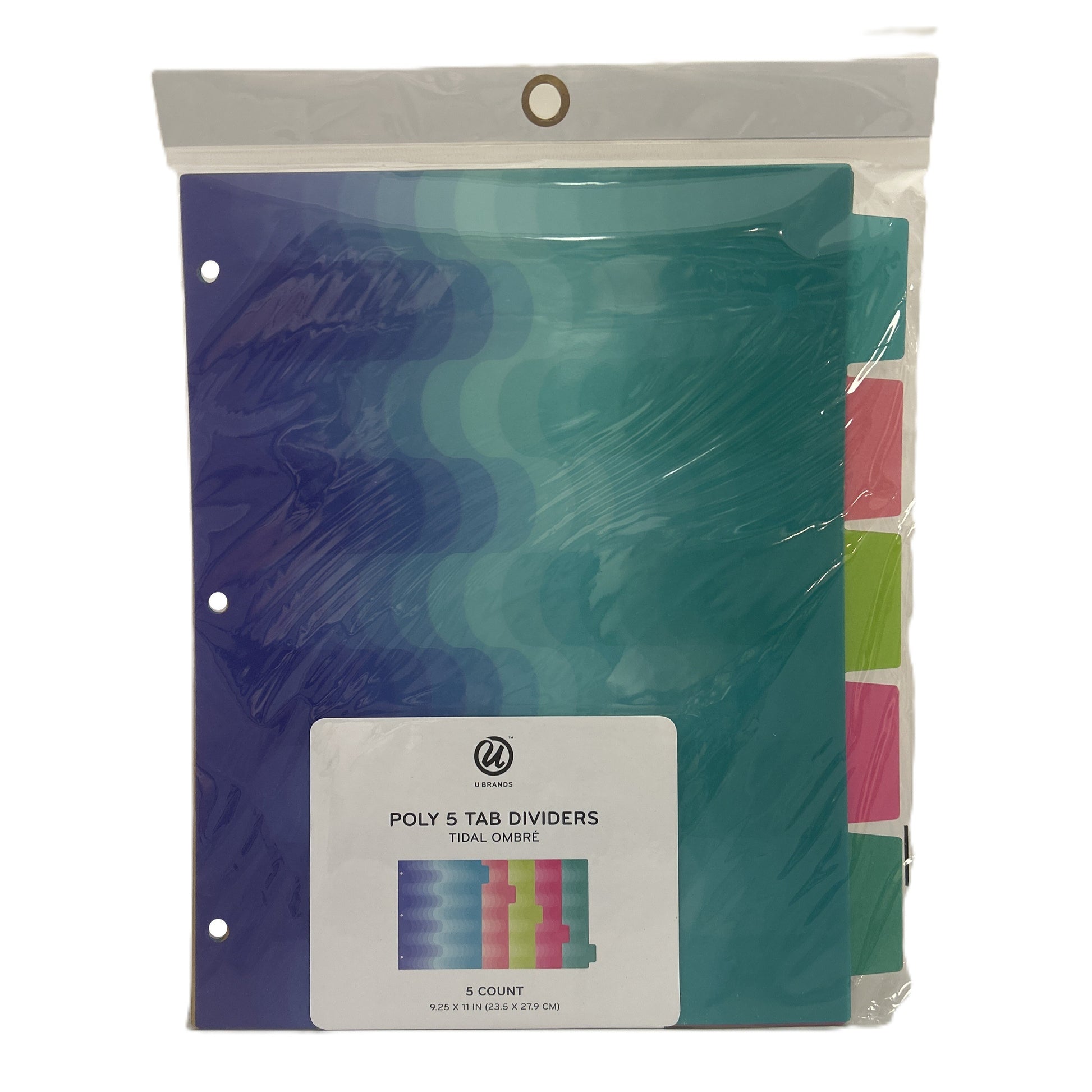 Packaged poly tab dividers with a gradient design on a white background