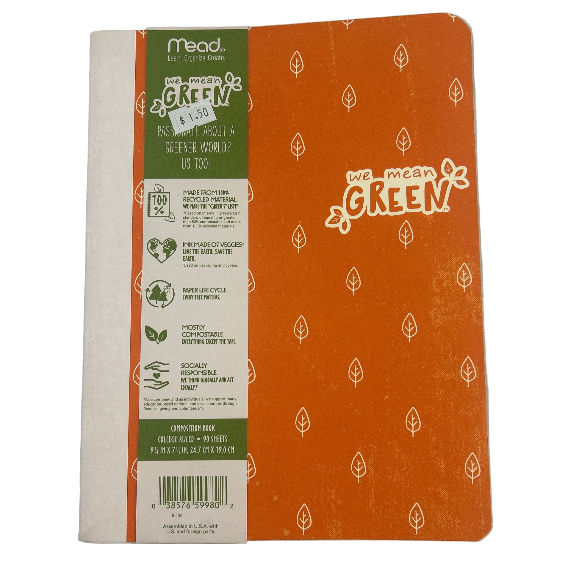 Orange notebook with 'Mead Green' branding on a white background