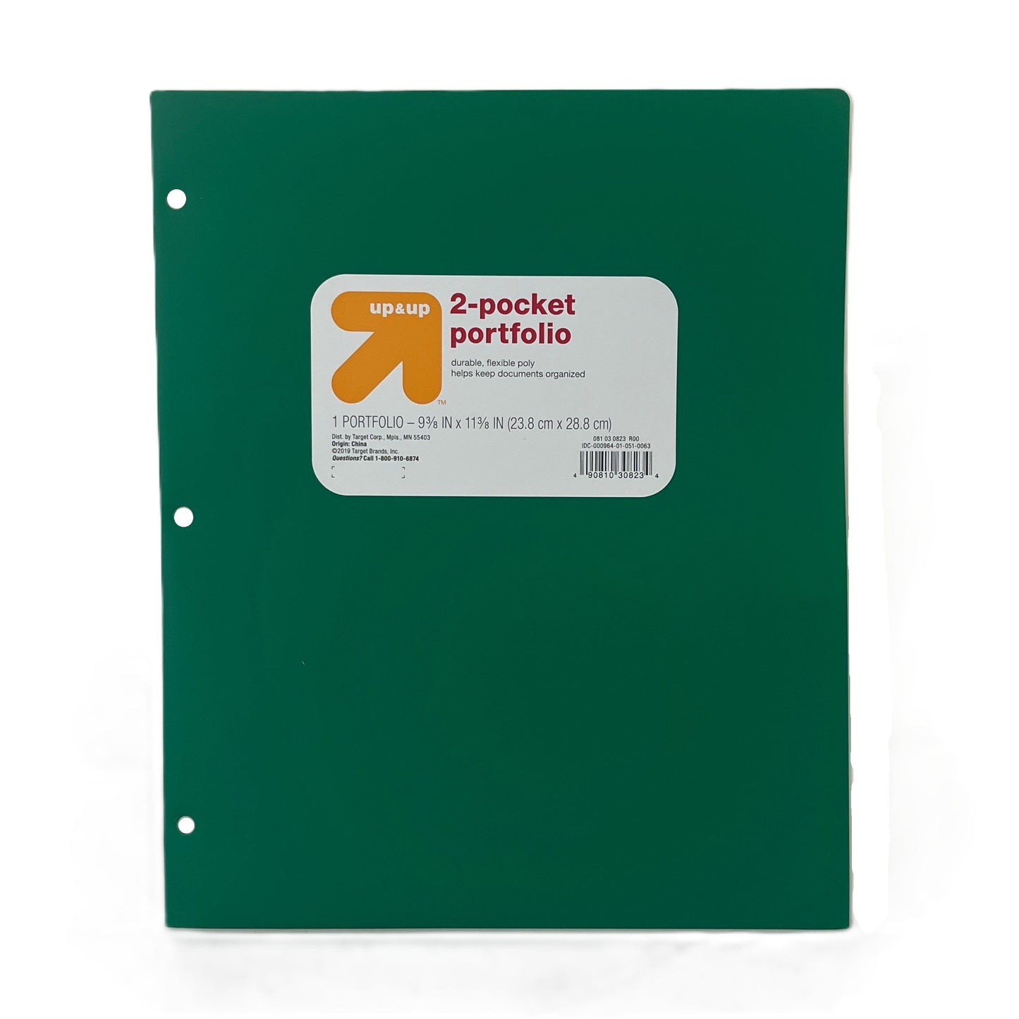Green two-pocket portfolio with Up&Up label on a white background